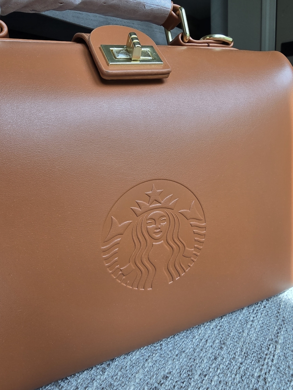 Starbucks Tan Structured Satchel with Gold Hardware